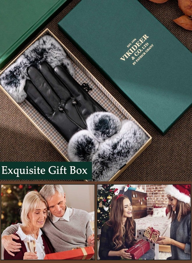 VIKIDEER Super Warm Fur Lined Leather Gloves Women Rex Rabbit Fur Cuffs Touchscreen Texting Black Medium - Image 5